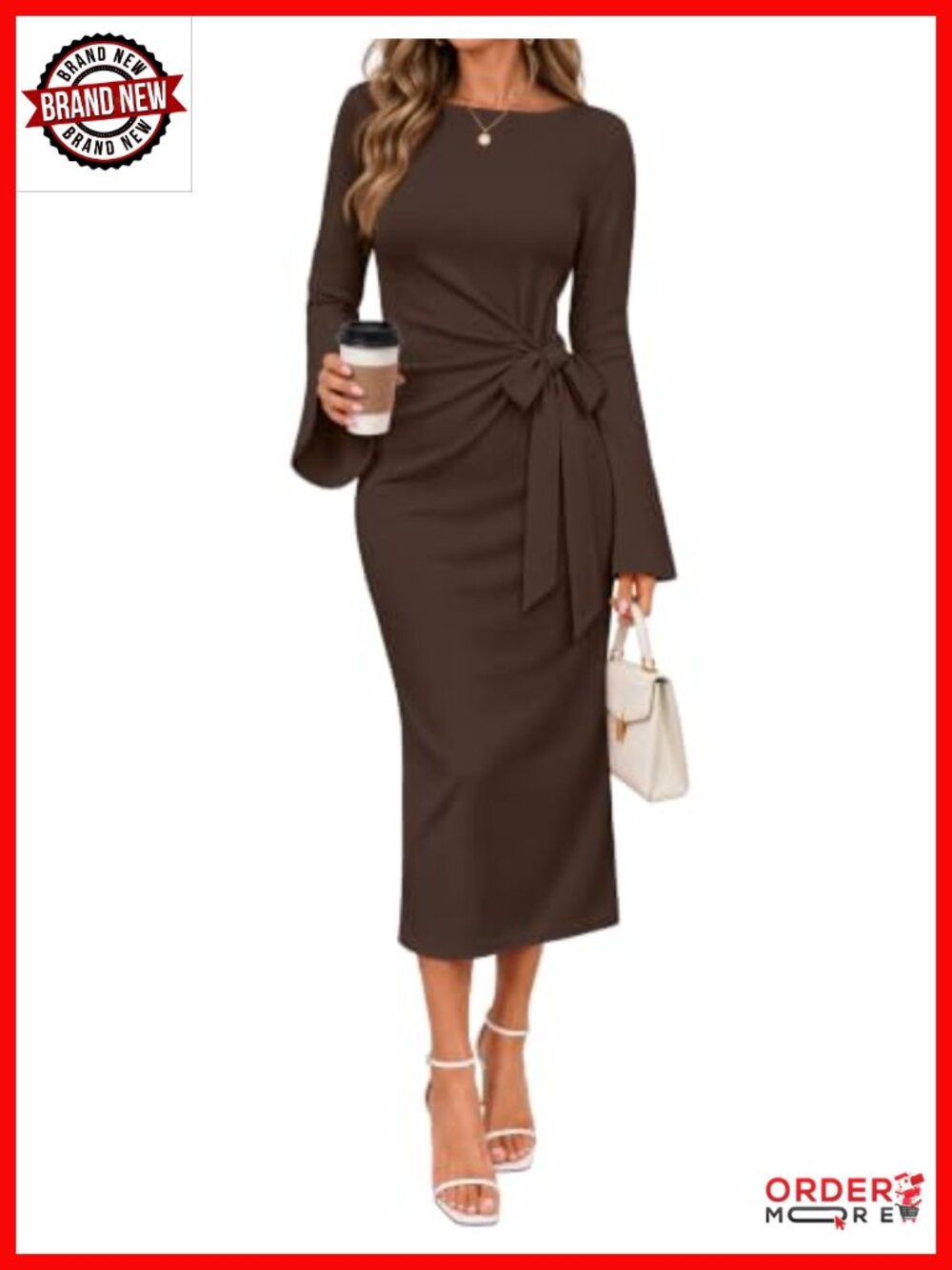 Women Long Sleeve Midi Dress Tie Waist Ruched Bell Sleeve Party Work